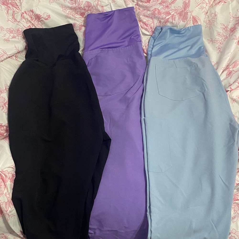 Women's Maternity Scrub Pants - Black, Purple, and Blue. Medium Petite